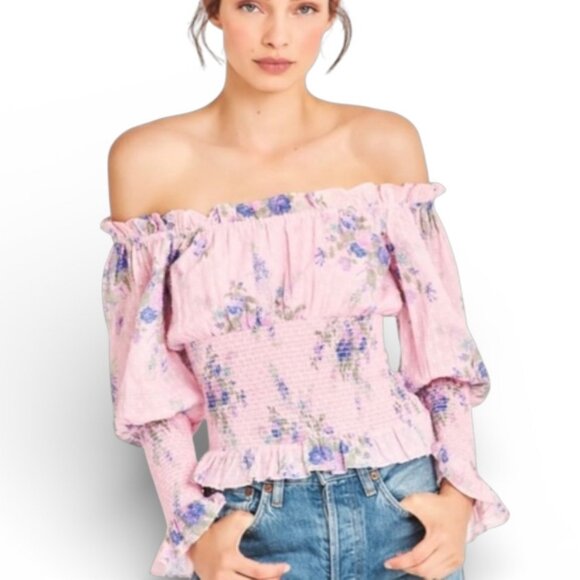 LoveShackFancy Tops - LoveShackFancy Fifi Top Pink Floral Off Shoulder Smocked Blouse Size M